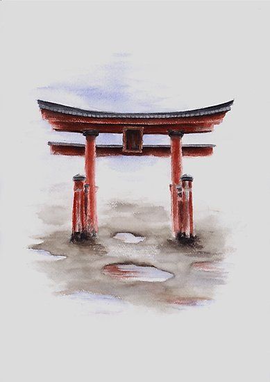 Torii gate watercolor art print painting, japanese symbol for sale. / Original ink painting by Mariusz Szmerdt. / Japanese ideas home decor. / More torii gate paintings available on my blog: http://sumi-e.pl • Millions of unique designs by independent artists. Find your thing. Torii Gate Painting, Japanese Architecture Drawings, Japanese Temple Tattoo, Gate Painting, Japanese Gate, Arte Zombie, Miyazaki Art, Japan Temple, Zen Painting