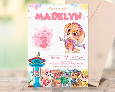 Invitation template, 5x7 size, editable texts in Canva, download and print. Paw Patrol Birthday Invitations, Paw Patrol Skye, Paw Patrol Girl, Milestone Board, Template Invitation, Bday Invitations, Paw Patrol Birthday Party, Watercolor Birthday, Paw Patrol Party