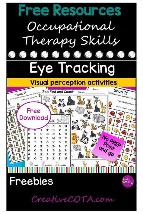 Are your students struggling in the classroom? Are they having trouble improving their reading fluency? Difficulty in processing visual information can lead to problems with reading, spelling, handwriting, math, & comprehension. Use these Free visual scanning and eye-tracking activities to help your students improve their reading and writing skills. Check out CreativeCOTA.com for access to my free resource library. Find activities for social emotional learning, fine motor, gross motor & more. Visual Tracking Activities For Kids, Visual Tracking Activities, Visual Information, Visual Perception Activities, Occupational Therapy Kids, Visual Tracking, Eye Tracking, Classroom Management Strategies, Sensory Integration