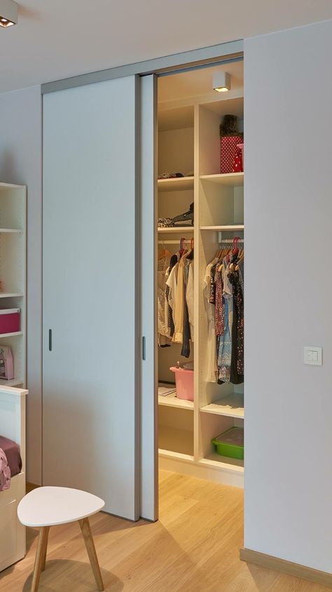 Narrow Closet Design, Small Walk In Closet, Bedroom Closet Storage, Dream Closet Design, Double Sliding Doors, Open Concept Living Room, Closet Remodel, Sliding Closet Doors, Wardrobe Design Bedroom