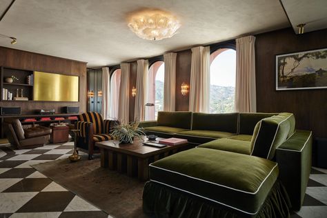 Kevin Klein lends his refined touch to restoring some of Hollywood’s most coveted stays, uncovering some surprises along the way. Brass Spotlights, Roosevelt Hotel, Sunken Living Room, Penthouse Suite, Ceiling Murals, Ensuite Bedroom, Revival Architecture, Sydney Sweeney, Luxe Interiors