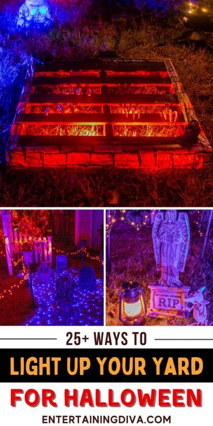 These Halloween outdoor decor ideas are AWESOME!! I'm definitely going to have the best front yard Halloween lighting in the neighborhood using these ideas. Halloween Long Driveway Ideas, Halloween Graveyard Lighting, Halloween House Lights Outdoor, Halloween Outdoor Lights, Lights Decoration Ideas, Halloween Lights Diy, Front Yard Halloween, Trail Ideas, Haunted Trail