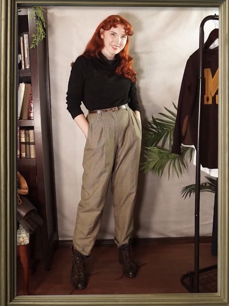 Seamstress Aesthetic Outfit, Outfit Ideas Masculine Girl, Witchy Cottagecore Aesthetic Outfits, Cottagecore Work Outfit, Historian Aesthetic Outfit, Vintage Work Outfit, Masculine Cottagecore Outfits, Adventurecore Aesthetic Outfit, Modern Cottagecore Outfit