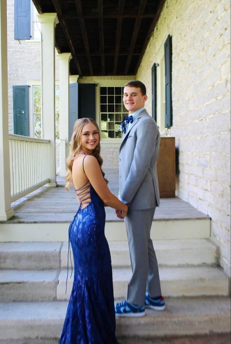 Navy and powder blue with gray tux Gray Tux, Grey Tux, Gray Suit, Prom Dresses Blue, Powder Blue, Blue Dress, Blue Dresses, Homecoming, Prom Dresses