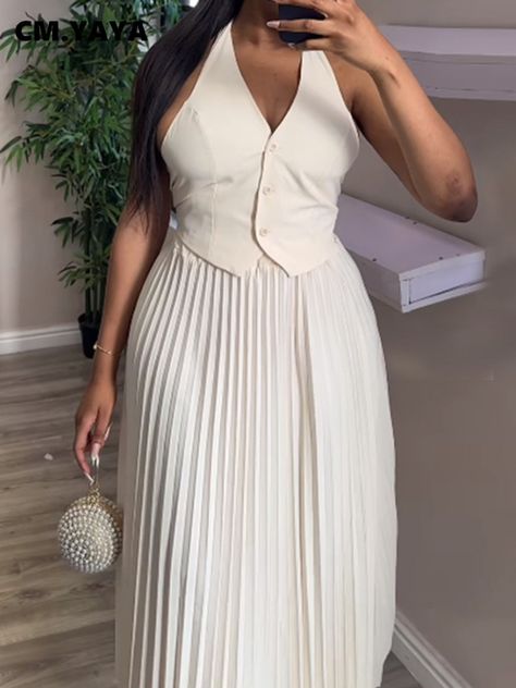 CM.YAYA Street OL Work Women's Set Sleeveless Vest Tops and Pleated Skirts Suit Summer street Two 2 Ladies Office Wear, Long Pleated Dress, Two Piece Formal Dresses, Suit Dresses, Suit Type, Ladies Office, Tank Top Skirt, Formal Wear Women, Office Wear Women