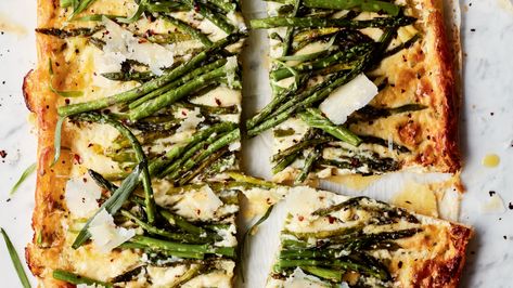 Asparagus Tart Recipes, Asparagus Goat Cheese, Cheesy Asparagus, Asparagus Tart, Roasted Cauliflower Steaks, Goat Cheese Tart, Melissa Clark, Recipes Savory, Cheese Tart