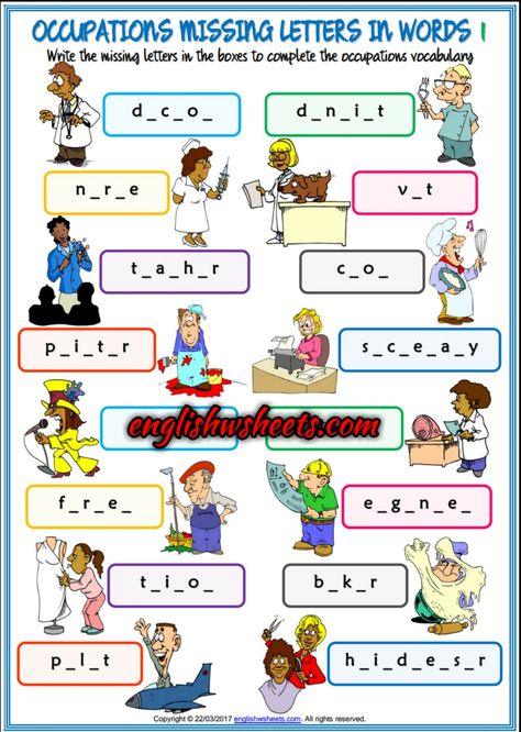 Jobs Worksheet, Kindergarten Jobs, Word Puzzles For Kids, Worksheet For Kindergarten, Reading Comprehension For Kids, Missing Letters, Community Helpers Preschool, Esl Vocabulary, English Worksheet