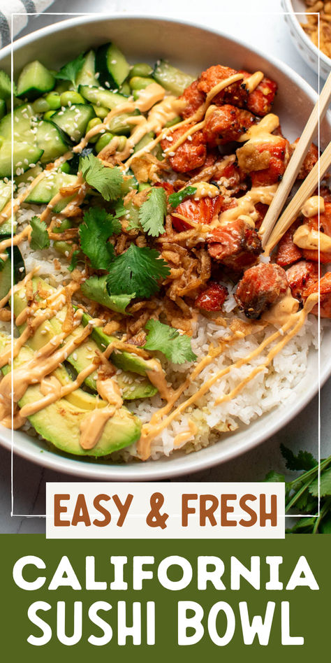 Air fryer California sushi bowl. Salmon Avocado Rice Bowl, Japanese Meal Prep, Salmon Sushi Bowl, Avocado Rice, Main Entree Recipes, Salmon Rice Bowl, Healthy Salmon Recipes, Salmon Avocado, Salmon Sushi