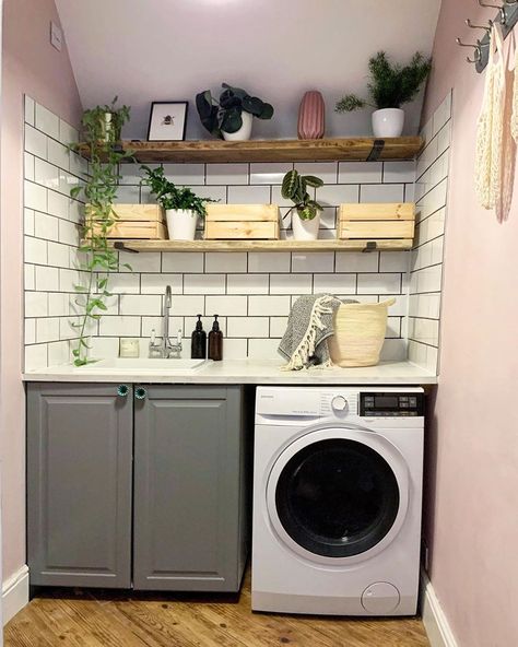 Open Shelving Bathroom, Shelf Laundry Room, Shelving Bathroom, Tiny Laundry, Tiny Laundry Rooms, Farmhouse Designs, Rustic Shelf, Laundry Room Ideas, Farmhouse Laundry Room