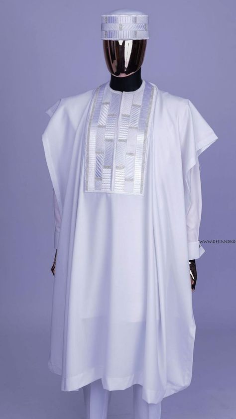 Mens Native Wears Nigeria, White Agbada Styles Men, Men Agbada Styles, Big Gown, Agbada Styles Men, Lines Embroidery, Native Outfits, Agbada Design, Latest African Wear For Men