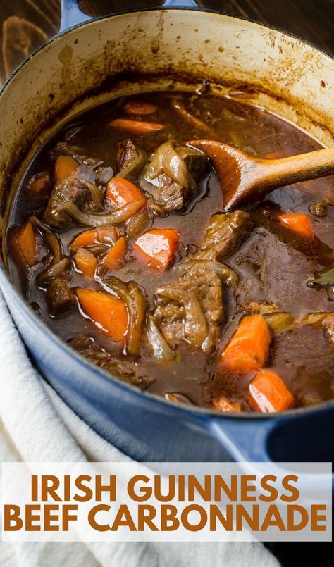 a pot of carbonnade with a wooden spoon. Irish Stew Recipe Crock Pots, Easy Irish Stew, Belgian Beef Stew, Guest Recipes, Rich Beef Stew, Irish Stew Recipe, Irish Foods, Comforting Food, Irish Cooking