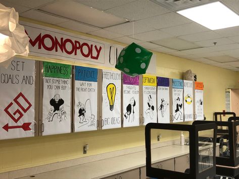 Monopoly Themed Classroom, Monopoly Classroom, Monopoly Theme, School Awards Ceremony, Board Game Themes, School Office Decor, Homecoming Themes, Christian Bulletin Boards, Classroom Borders