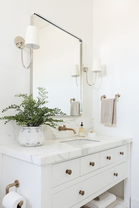 Seasonal Powder Room Prep Mcgee Bedroom, Studio Mcgee Bathroom, Mcgee Bathroom, Bedroom Nightstands, White Bathroom Vanity, Bad Inspiration, Bathroom Guest, Design Blogs, Guest Bathrooms