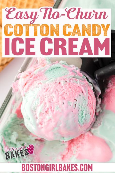 Making homemade ice cream has never been this easy! To make this fun and flavorful cotton candy ice cream, you will only need 5 ingredients. No ice cream maker involved in this easy no churn ice cream recipe! Just a stand mixer and in 10 minutes of prep time, you have a cooling snack and dessert you can enjoy! I only used my electric mixer, bowls, loaf pan, and a rubber spatula for this recipe. In 15 minutes of prep time and just a few ingredients, you will have a flavorful.. | @bostongirlbakes Cotton Candy Ice Cream Recipe, Cotton Candy Recipe, Cotton Candy Ice Cream, Cotton Candy Cakes, Churn Ice Cream, Candy Ice Cream, Cotton Candy Flavoring, Ice Cream Maker Recipes, Candy Birthday Party