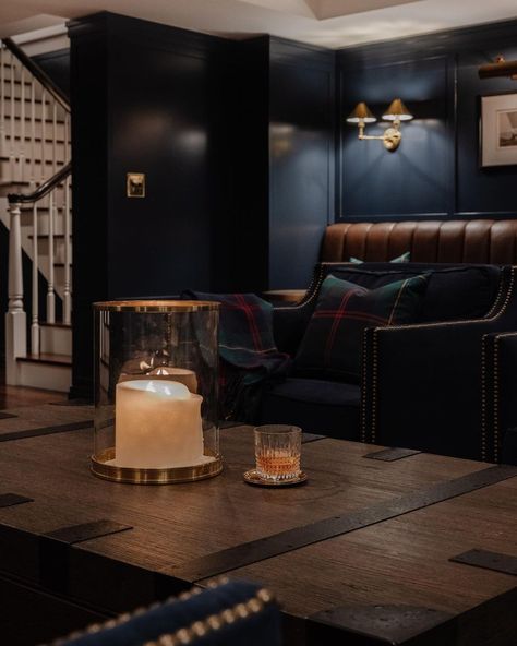 I’ve been long awaiting the reveal of this project dubbed early on as The Club Room. Inspired by an iconic club room in New York City, this… | Instagram English Pub Interior, Speakeasy Basement, Room In New York, Pub Interior Design, Lake House Living Room, Whiskey Lounge, Southern Colonial, Dark Basement, Whiskey Room