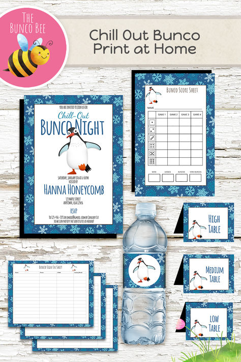 A compilation of Chill-Out Bunco theme elements, featuring penguins, blue snowflake patterns, water bottle labels, name tags, tally sheet, score cards, and more. New Years Bunco Theme, Winter Bunco Theme Party Ideas, Bunco Party Themes For January, January Bunco Ideas, January Bunco Themes, Bunco Themes Ideas, Bunco Party Themes, Bunco Ideas, Bunco Score Sheets