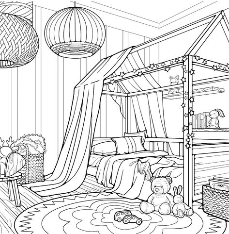 Cozy Room Coloring Pages, Isometric Coloring Page, Room Outline, Interior Design Coloring Pages, Room Coloring Pages, Modele Zentangle, Whimsical Art Journal, Space Coloring Pages, House Colouring Pages