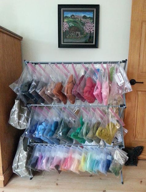 The Awesome Wool Organization that FIRED UP our fb group. Some people are already setting up their own version of this innovative storage system! We love it! “It was time to organize my small… Wool Organization, Wool Storage, Office Craft Room Combo, Plastic Storage Containers, Diy Playroom, Needle Felting Supplies, Sewing Room Storage, Craft Shed, Craft Storage Organization