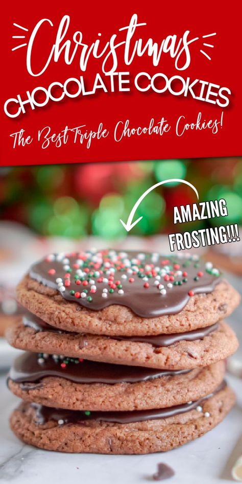 The Best Triple Chocolate Christmas Cookies! The frosting is AMAZING and the perfect cookie recipe to make for friends and family! Take these to a cookie exchange or use them in your holiday dessert box! #lemonpeony #triplechocolate #christmascookies #chocolatecookies Easy Chocolate Cookies, Soft Sugar Cookie Recipe, Chocolate Christmas Cookies, Homemade Chocolate Frosting, Triple Chocolate Cookies, Dessert Box, Chocolate Frosting Recipes, Cookies From Scratch, Homemade Frosting