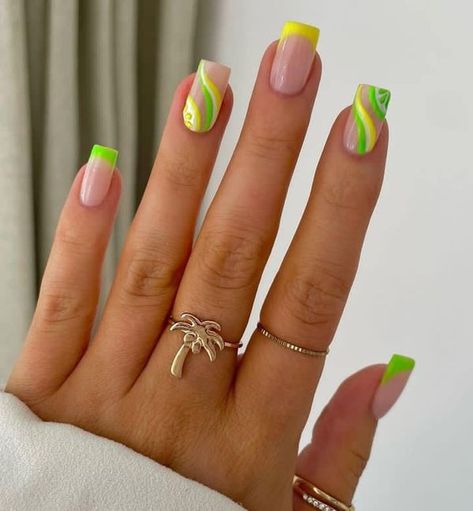 Green And Yellow Nails, Square Nail Art, Hannah Taylor, Yellow Nails Design, Ocean Style, Square Nail, Festive Nail Art, French Nail Art, Summer Ocean