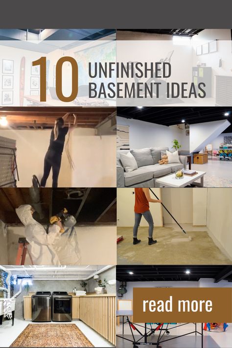 Easy and affordable ideas to turn your unfinished basement into a welcoming living space | Building Bluebird Making A Basement Livable, Clever Basement Storage Ideas, How To Make Unfinished Basement Nice, Unfinished Finished Basement, How To Make An Unfinished Basement Livable, Unfinished Basement Ideas On A Budget Walls Exposed Ceilings, Basement Organization Ideas Unfinished, Basement Storage Ideas Unfinished, Cinderblock Basement Makeover