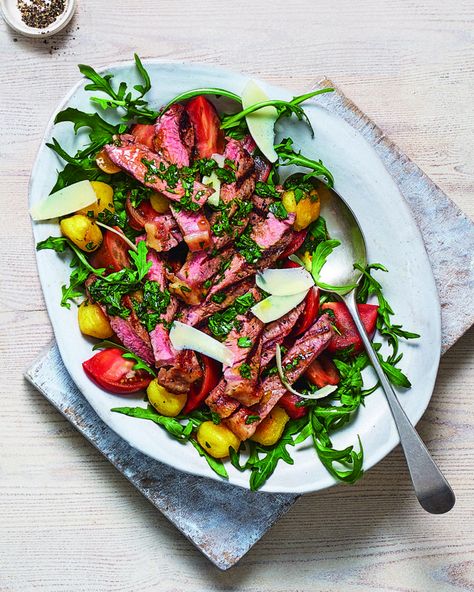 Steak tagliata with crispy fried gnocchi | delicious. magazine Beef Tagliata, Fried Gnocchi, Mint Dressing, Lamb Salad, Salad With Mint, Cooking The Perfect Steak, Meat Salad, Mint Sauce, Herb Salad