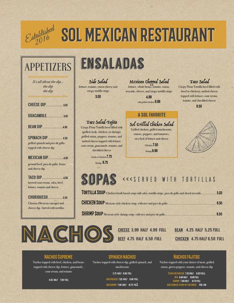 graphics // sol mexican Menu Graphic Design, Tropical Restaurant, Menu Graphic, Mexican Food Menu, Tacos Menu, Menu Design Layout, Menu Sans Gluten, Mexican Menu, Menu Layout