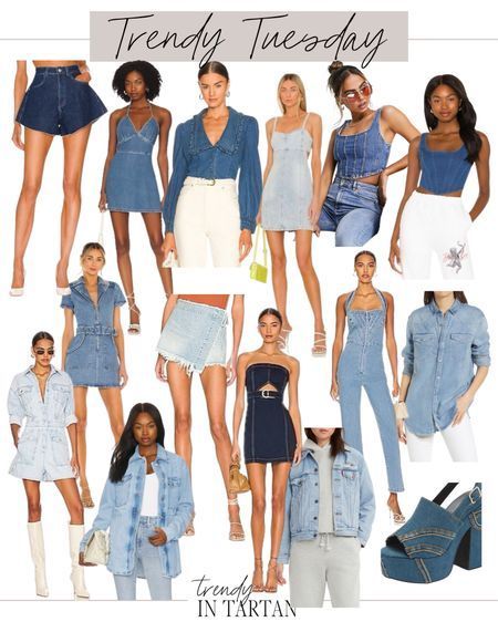 Trendy Tuesday! Denim, denim shorts, denim skirt, denim jeans, denim top, denim jacket, denim button down, denim wedges, denim dress, jean dress, jeans, jean shorts, jean top, jean romper, denim romper, chambray Summer To Fall Outfits, Outfits Jean, Denim Wedges, Jean Outfit, Jean Romper, Top Jean, Denim Outfits, Dress Jeans, Outfit Inspo Summer