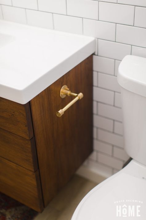 Finished Brass Toilet Paper Holder Mounted to Vanity Toilet Paper Holder Placement, Build A Bathroom Vanity, Build A Bathroom, Particle Board Furniture, Cheap Plywood, Brass Toilet, Modern Bathroom Renovations, Brass Toilet Paper Holder, Floating Bathroom Vanity