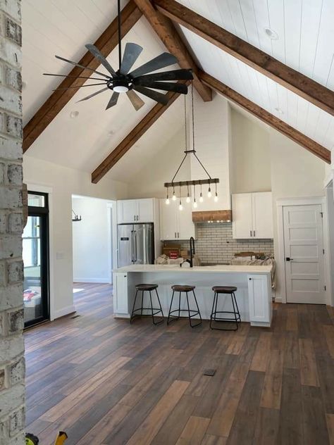 Raised Ceiling With Beams, High Vaulted Ceiling Kitchen, Lofted Ceiling Beams, Gable Ceiling Kitchen, Cathedral Ceiling Kitchen Lighting, Light Fixtures Kitchen Vaulted Ceiling, Kitchen Lighting Cathedral Ceiling, Vaulted Kitchen Lighting, Vaulted Ceiling Open Floor Plan