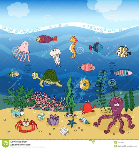 Underwater ocean life under the waves. Illustration about coral, molluscs, seahorse, maritime, aquatic, seabed, flow, colorful, bubbles, algae, fish, ecology, habitat - 41011617 Draw Underwater, Drawing Underwater, Under The Sea Drawings, Underwater Ecosystem, Drawing Ocean, Underwater Scenery, Underwater Drawing, Life Underwater, Ocean Habitat