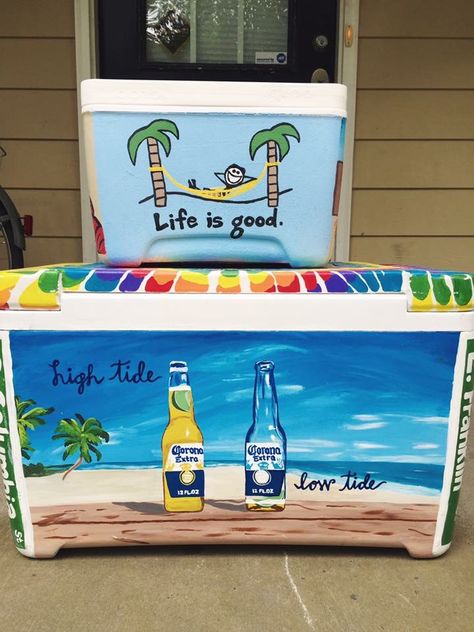 beer beach palm tree cooler Formal Flask, Mountain Weekend Cooler, Painted Fraternity Coolers, Nola Cooler, Sorority Coolers, Formal Cooler Ideas, Fraternity Coolers, Custom Cooler, Summer Coolers