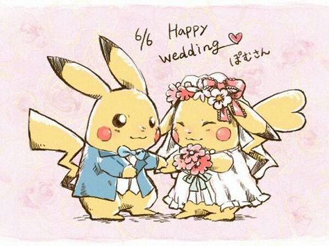 Pikachu wedding Pikachu Wedding, Pokemon Wedding, Pikachu Evolution, Pokemon Purse, Pikachu Drawing, Pokemon Couples, Pokemon Sketch, Wedding Drawing, Felt Animal Patterns