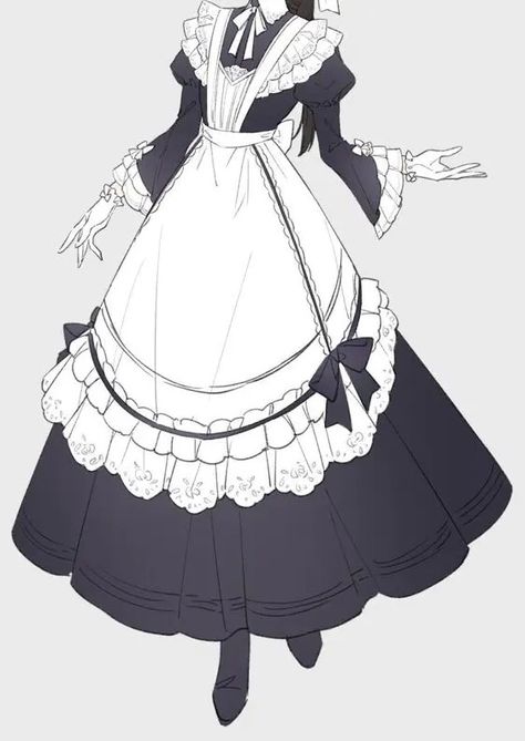 Cat Maid Outfit Drawing, Maid Dresses Drawing, How To Draw A Maid Dress, Cute Maid Outfit Drawing, Victorian Maid Character Design, Maid Outfit Reference Drawing, Maid Dress Reference, Maid Outfit Reference, Maid Dress Drawing Reference