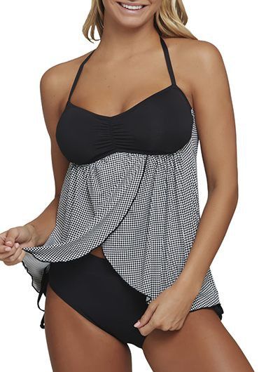 Patchwork Halter Neck Printed Padded Tankini Set Cheap Ruched Bottoms For Vacation, Cheap Printed Halter Top For Vacation, Cheap Summer Halter Top For Women, Chic Cheap Halter Neck Tops, Plus Size Tankini, Black Tankini, Printed Tankini, Swimming Suits, Vintage Swimsuits