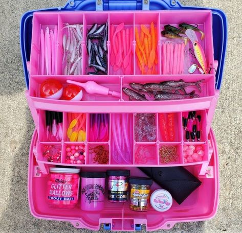 Pink Girly Fishing Tackle Box Pink Tackle Box Fishing, Fishing Box Ideas, Pink Camping Gear, Pink Fishing Gear, Tackle Box Organization, Fishing Tackle Box Ideas, Tackle Box Gift, Fishing Aesthetic, Tackle Box Fishing