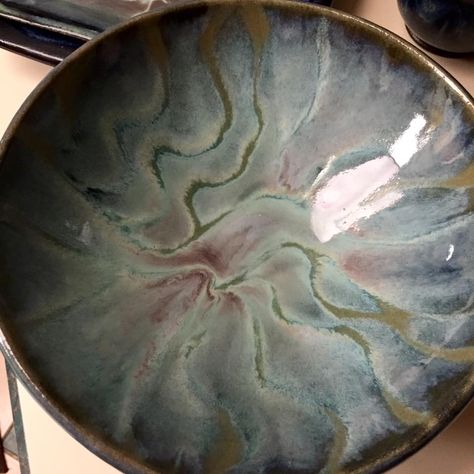 Lime green, Archie's base, Blue Opal , in that order over Continental Clay,buff stoneware. Using coyote glaze slow cooldown program. This is a large mixing bowl. Coyote Glaze Combinations, Coyote Glazes, Mayco Glaze, Glaze Inspiration, Pottery Glaze Ideas, Glaze Techniques, Glaze Layering, Glazing Ideas, Amaco Glazes