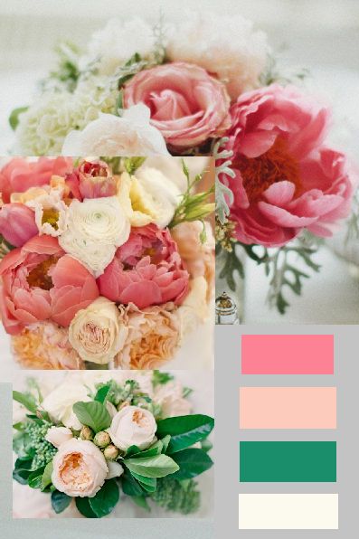 wedding color palate - coral blush peach emerald cream Emerald And Peach Wedding, Emerald And Coral Wedding, Emerald Green And Peach Wedding, Emerald Green And Coral Wedding, Coral And Emerald Green, Emerald Peach Wedding, Coral And Green Wedding, Emerald Taupe Peach Wedding, Coral Wedding Themes