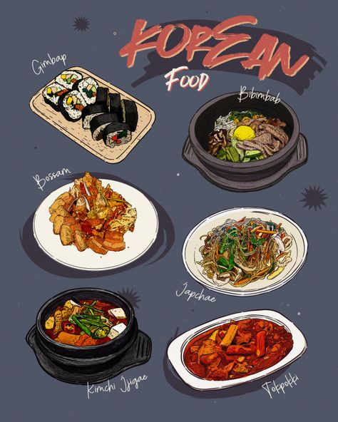 Pojangmacha Design, Korean Menu Design, Korean Restaurant Design, Korean Restaurant Food, Korean Menu, Sketch Menu, South Korean Food, Food Vintage, Food Infographic