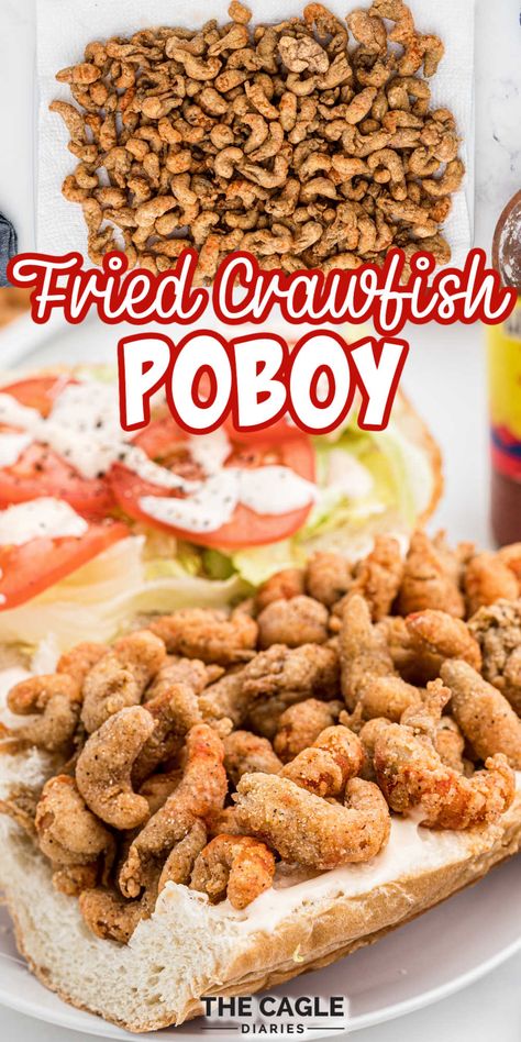 A fried crawfish poboy is a south Louisiana treat that you have to try, to understand how good they are. Dressed with a simple tomato and lettuce salad and drizzled with a mayonnaise flavored with hot sauce. Fried crawfish is already good, but jazzed up like this is unbelievably good. Crawfish Poboy, Cajun Party, Crawfish Dishes, Crawfish Bread, Salt Block Cooking, Louisiana Cooking, Crawfish Recipes, Fried Recipes, Southern Louisiana