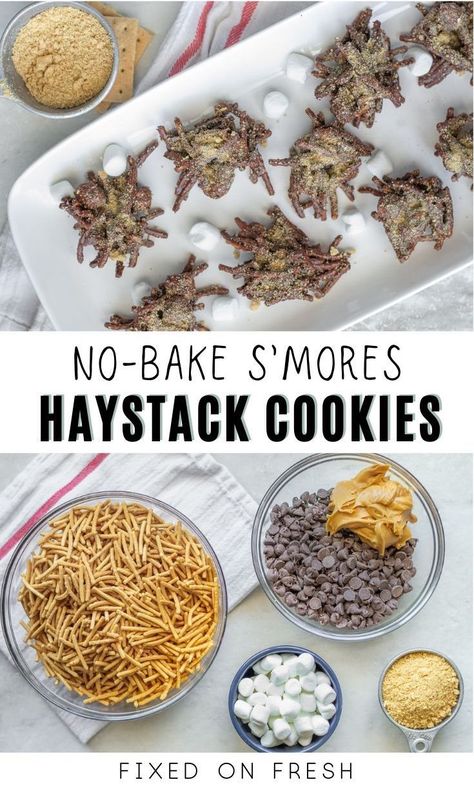 Chow mien noodles and mashmallows coated in peanut butter and chocolate. No bake smores cookies that the kids will love to make! Haystack Cookies With Marshmallows, Chow Mien Noodles, Campfire Cookies, Chocolate Haystacks, Haystack Cookies, Nobake Dessert, Chocolate Mint Cookies, Dessert Cookies, Peanut Butter Marshmallow