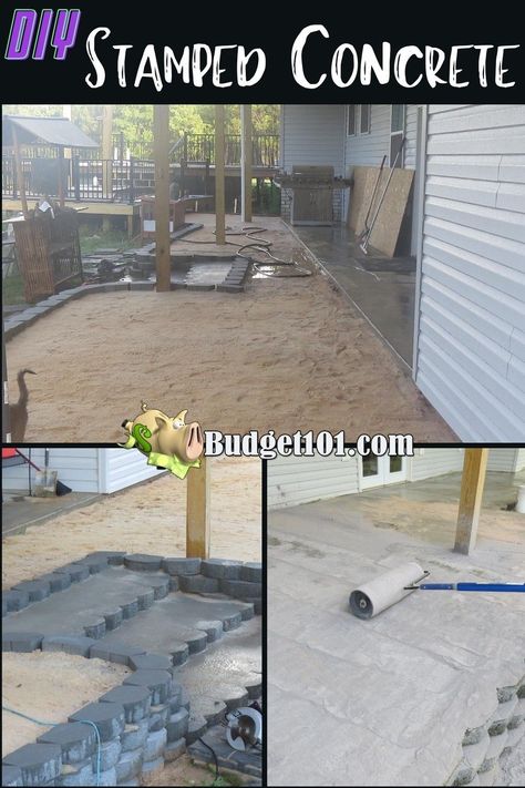 DIY Stamped concrete patio- If you're wondering whether or not you can stamp concrete by yourself, the short answer is ABSOLUTELY. Here's how we did it . . . #DIY #Stamping #ConcreteStamp #Patio Diy Poured Concrete Patio, How To Stamp Concrete Diy, How To Stamp Concrete, Diy Stamped Concrete Patio, Pour Concrete Patio Diy, Diy Cement Patio, Concrete Patio Extension Ideas, Concrete Patio Diy, Diy Stamped Concrete