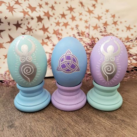 Ostara Painted Egg & Stand Hand Painted Wooden Eggs Easter | Etsy Spring Equinox Crafts, Easter Pagan, Ostara Crafts, Painted Wooden Eggs, Rabbit Season, Egg Stand, Green Witchcraft, Painted Eggs, Easter 2021