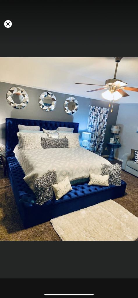 Royal Blue And Black Room Ideas, Blue Tufted Bedroom Ideas, Royal Blue Bedroom Ideas For Women, Royal Blue And White Bedroom Ideas, Royal Blue And Gray Bedroom, Black And Blue Bedroom Decor, Royal Blue Bedroom Ideas For Couples, Royal Blue Apartment Decor, Royal Blue Room Ideas