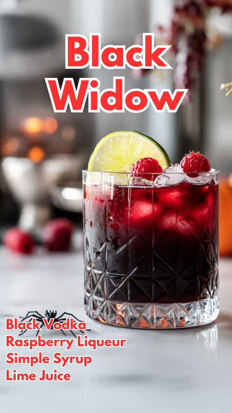 Black Widow Gothic Cocktails, Uv Vodka Recipes, Black Widow Cocktail, Frozen Strawberry Lemonade Recipe, Black Vodka, Coffee Vodka, Spooky Cocktails, Cocktail Cards, Frozen Strawberry Lemonade