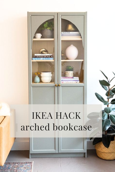 Billy Bookcase Wallpaper Back, Billy Bookcase Door Hack, Billy Bookcase With Doors, Ikea Console Table, Arched Bookcase, Arched Cabinet, Bookcase Hack, Billy Bookcase Hack, Glass Cabinet Door