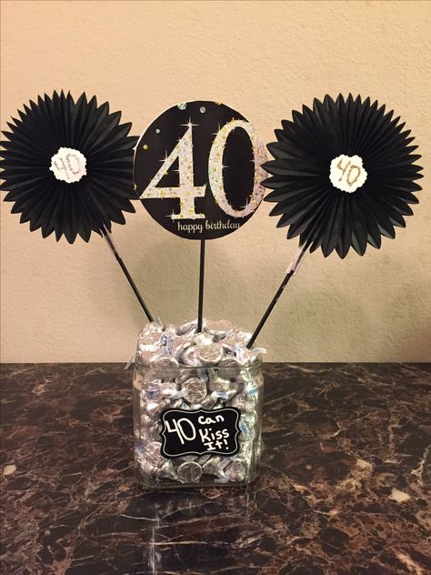 Centerpiece I made for my husband's 40th birthday party. 40th Birthday Party Centerpieces, 40th Birthday Centerpieces, 40th Birthday Themes, Husband 40th Birthday, 40th Bday Ideas, Diy Birthday Banner, 50th Birthday Party Decorations, 40th Birthday Gifts For Women, 40th Birthday Party