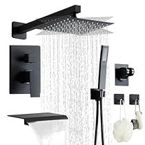 Bathroom Amazon, Black Shower Faucet, Bathroom Shower Faucets, Matte Black Bathroom, Shower Faucet Sets, Rainfall Shower Head, Tub Spout, Black Shower, Tub And Shower Faucets