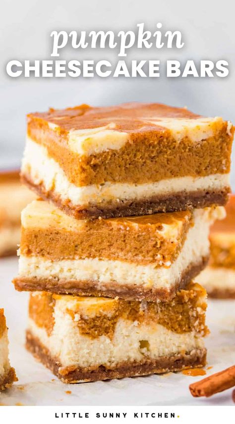 Deliciously swirled Pumpkin Cheesecake Bars layer pumpkin pie and creamy cheesecake over a crispy crust made with gingersnaps. Pumpkin Pie Cheesecake Bars, Cheesecake Ideas, Pumpkin Cheesecake Bars, Pumpkin Pie Cheesecake, Pie Cheesecake, Cheesecake Bar Recipes, Dessert Spread, Pumpkin Bars, Ginger Snap Cookies