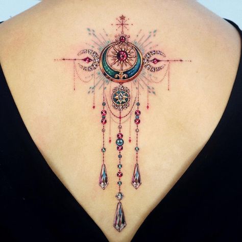 예͓̽리͓̽엘͓̽ on Instagram: “Suncatcher🌞🌜” Gem Tattoo, Jewel Tattoo, Wicked Tattoos, Dream Catcher Tattoo, Kawaii Tattoo, Tatuaje A Color, Modern Tattoos, Side Tattoos, Dream Tattoos